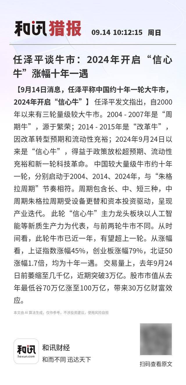 任澤平談牛市：2024年開啟“信心牛”漲幅十年一遇
